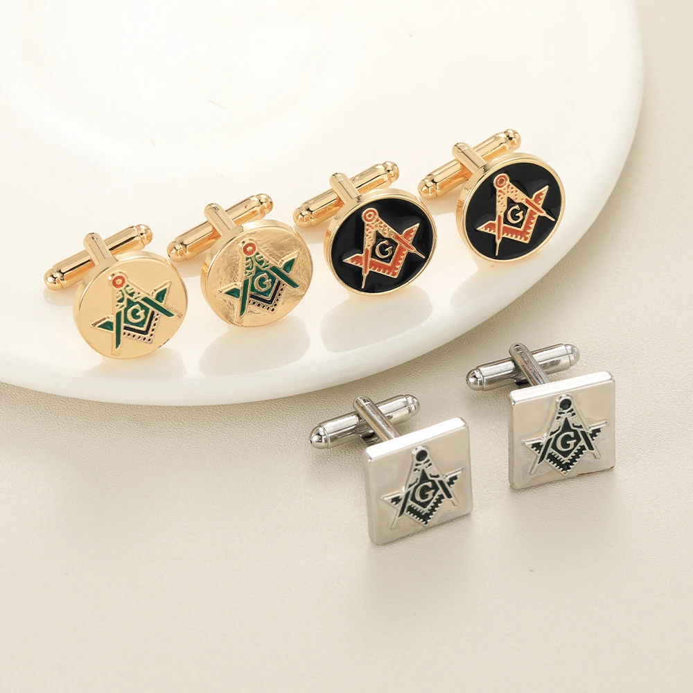 3 Styles Classic Red And Green Masonic Symbols Pattern Golden Round Cufflinks Freemason Emblem Silvery Square Sleeve Button