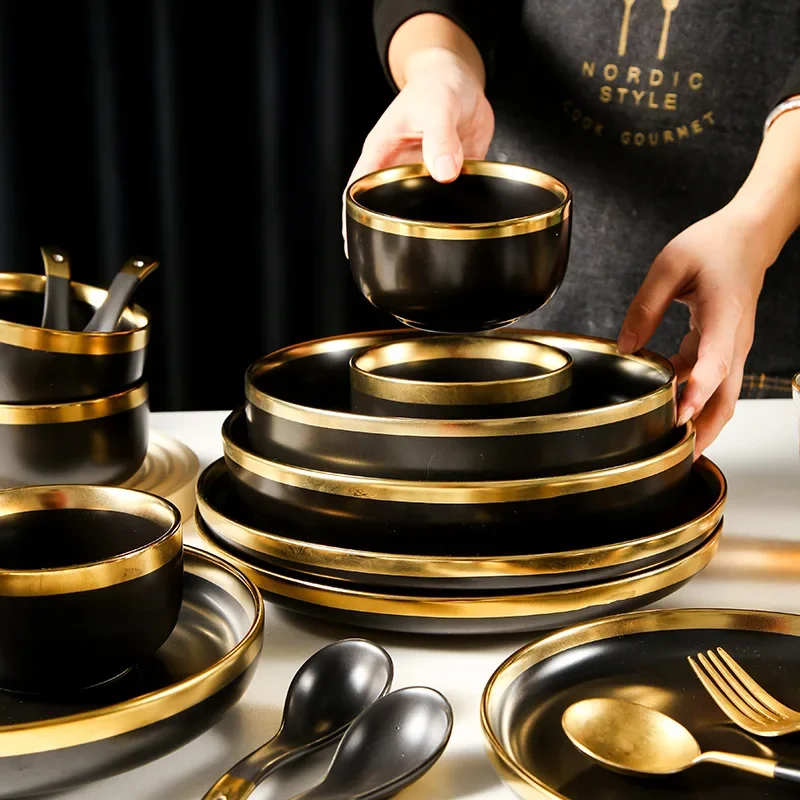 

Golden Circle Ceramic Tableware Set Black and Green Deluxe Tableware Set Ceramic Soup Bowl Tableware Plate