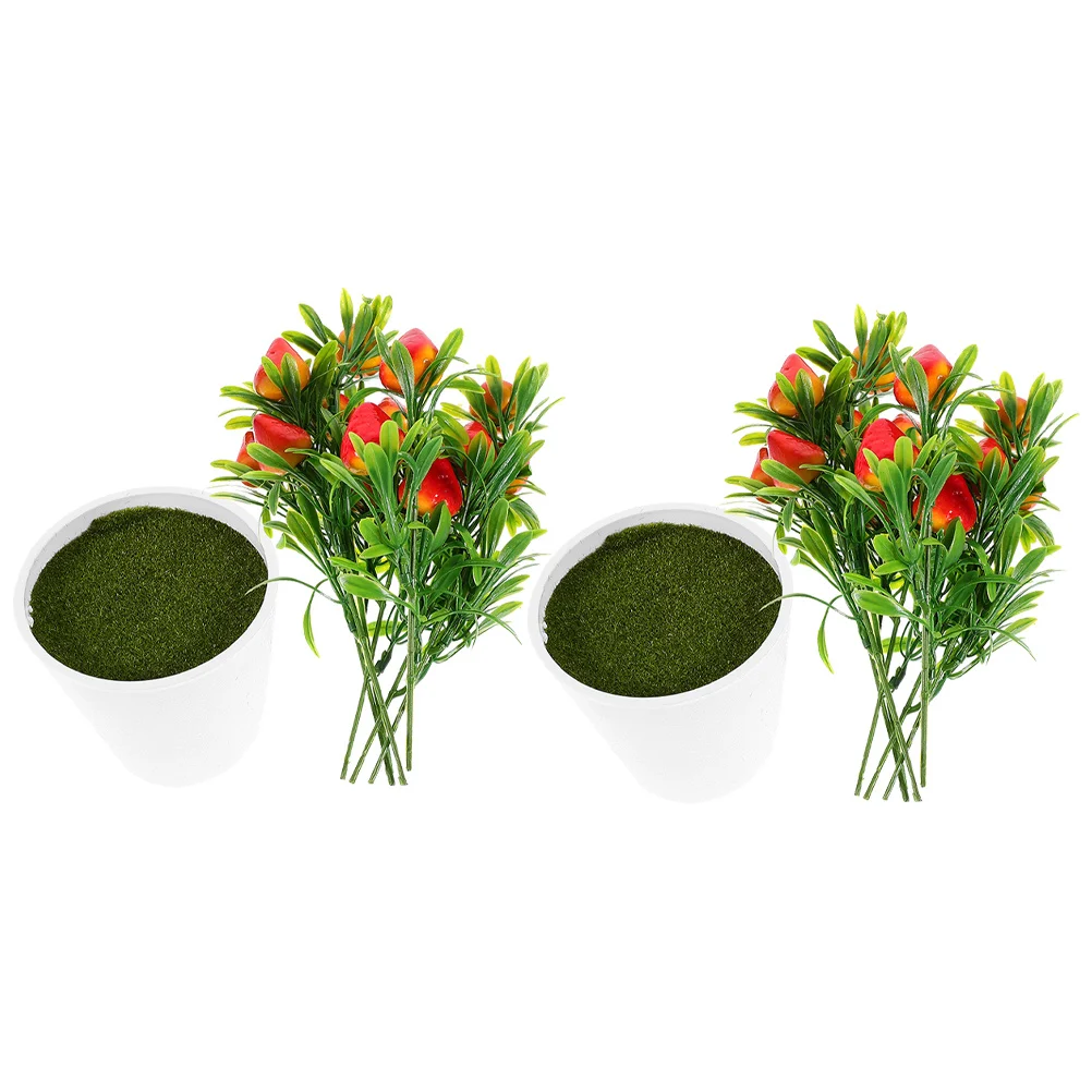 2セット シミュレーションイチゴの木 2セット リアルなフェイク盆栽 家庭 オフィス装飾 デスクトップ 人工果物鉢植え