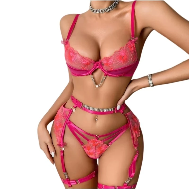 

Необычные эротические костюмы, горячие сексуальные комплекты нижнего белья, женское эротическое нижнее белье из 4 предметов, розовый кружевной бюстгальтер с вышивкой, трусики, подвязки со стразами