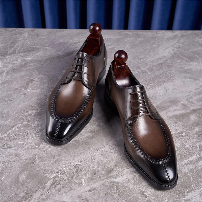 High Quality Men Derby Shoes Genuine Leather Square Toe Low Heel Classic Lace Up Fashion Comfortable Business Wedding  Men Shoes