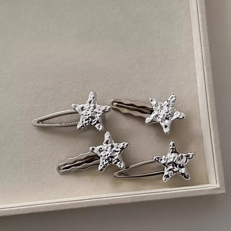 

2pcs/set Silver Star Hollow Hair Clips Korean Elegant Temperament Y2K Sweet Girl Bangs Side Clips Duckbill Clip Hair Accessories
