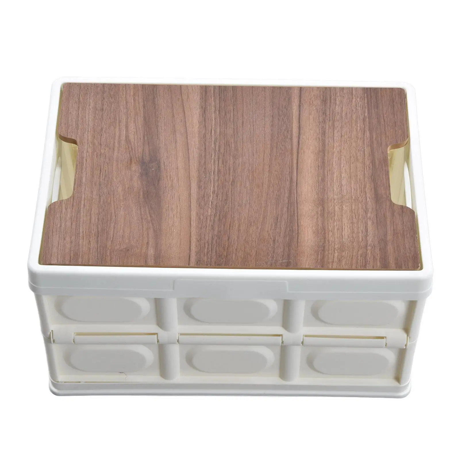 Foldable Plastic Storage Box with Wood Lid - Waterproof Utility Crate for Grocery Organization