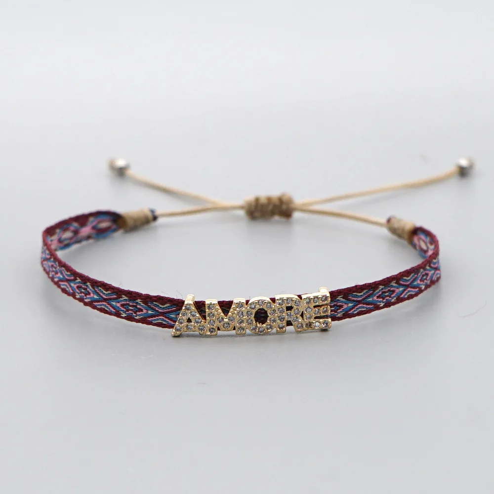 Handmade Cloth Fabric Bracelet, Braided Design & CZ Heart