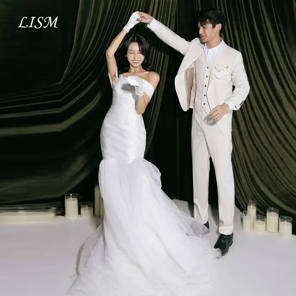 LISM Off Shoulder Mermaid Korea Wedding Dresses Silk Tulle Long Customized Fairy Bridal Gowns 웨딩드레스 Photo Shoot Corsets