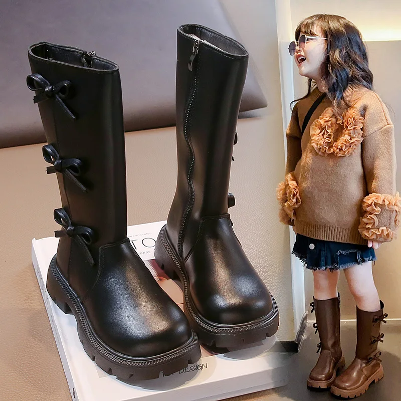 Girls Long Boots Solid Color Versatile Children Princess Boots with Bows 2024 Autumn New Fashion Mid-Calf Boots with Side Zipper