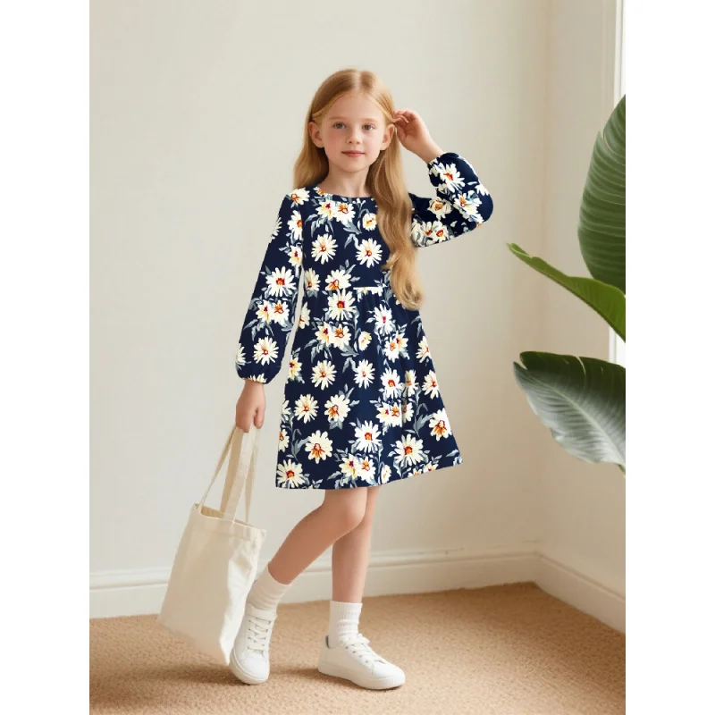 

Retro Style Long Sleeve Floral Dress for Girls Dark Blue Casual Length 2026 Children's Clothing Vintage A-Line Dress