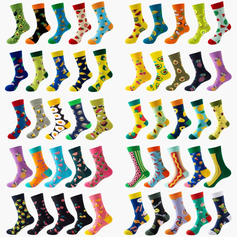 

5 пар носков с фруктовым принтом до середины икры, забавный дизайн еды, хлопковые носки с ананасом и арбузом для мужчин и женщин, пара, ЕС 37-45, США, 6-12 лет
