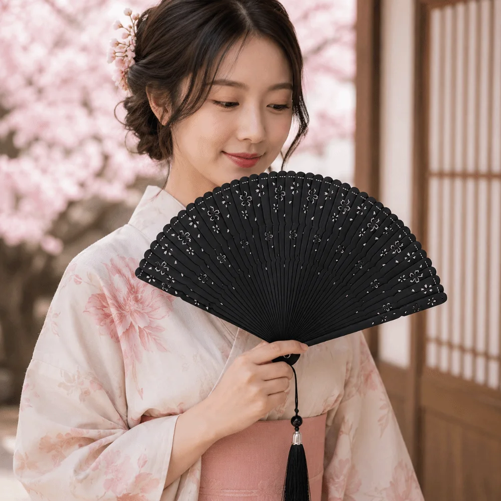 Sakura Folding Bamboo Fan Solid Color Exquisite Elegant Handheld Fans with Tassel Portable Women's Folding Fan Hanfu Accessories