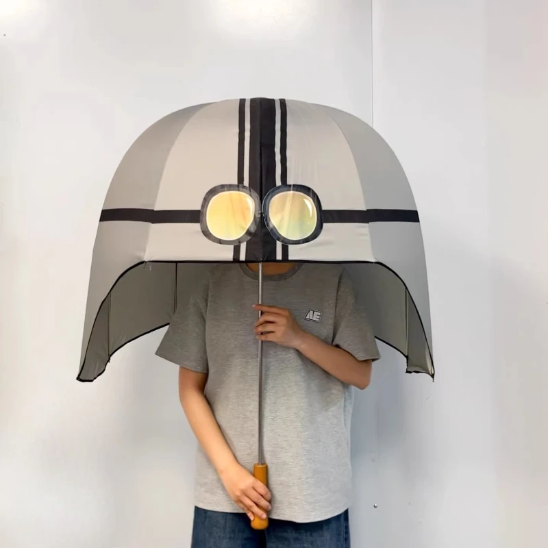 

Зонт с деревянной ручкой и черным виниловым слоем, мультяшный забавный дизайн для солнечных и дождливых дней, компактный складной для использования на открытом воздухе