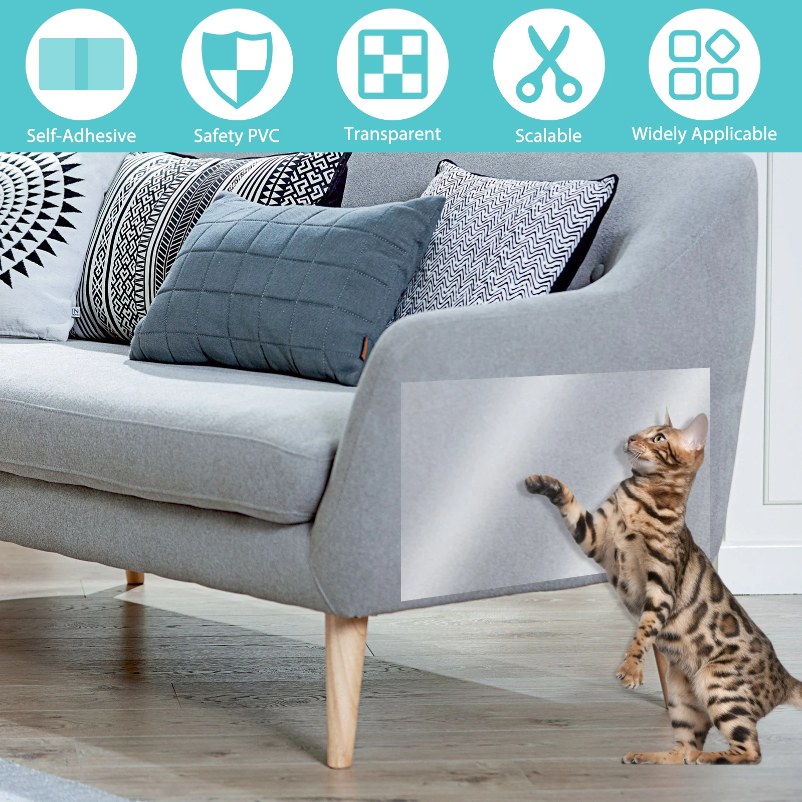 45x500cm Anti Cat Scratch Furniture Protector Self-Adhesive Peelable Cat Training Protectors PVC Transparent Tape for Couch Sofa