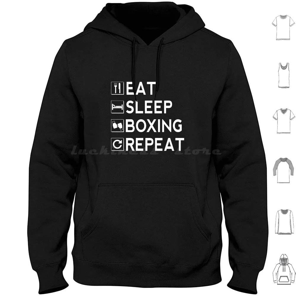 Sudadera con Capucha de Algodón de Manga Larga para Deportes: Comer, Dormir, Boxeo, Repetir. Guantes de Boxeo, Pugilismo, Ring, Round, Ko, Knockout, Boxeador.