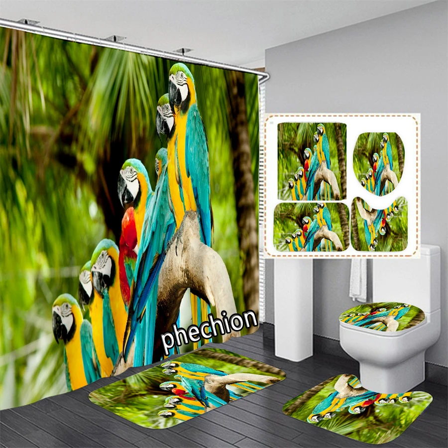 New Animals Parrot 3D Print Shower Curtain Waterproof Bathroom Curtain Anti-slip Bath Mat Set Toilet Rugs X20