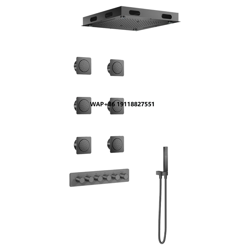 

Rain Shower System: 16 Inch Rainfall & Spray Ceiling Head with Body Jets and Handheld, Thermostatic Valve 5 Functions Faucet Set