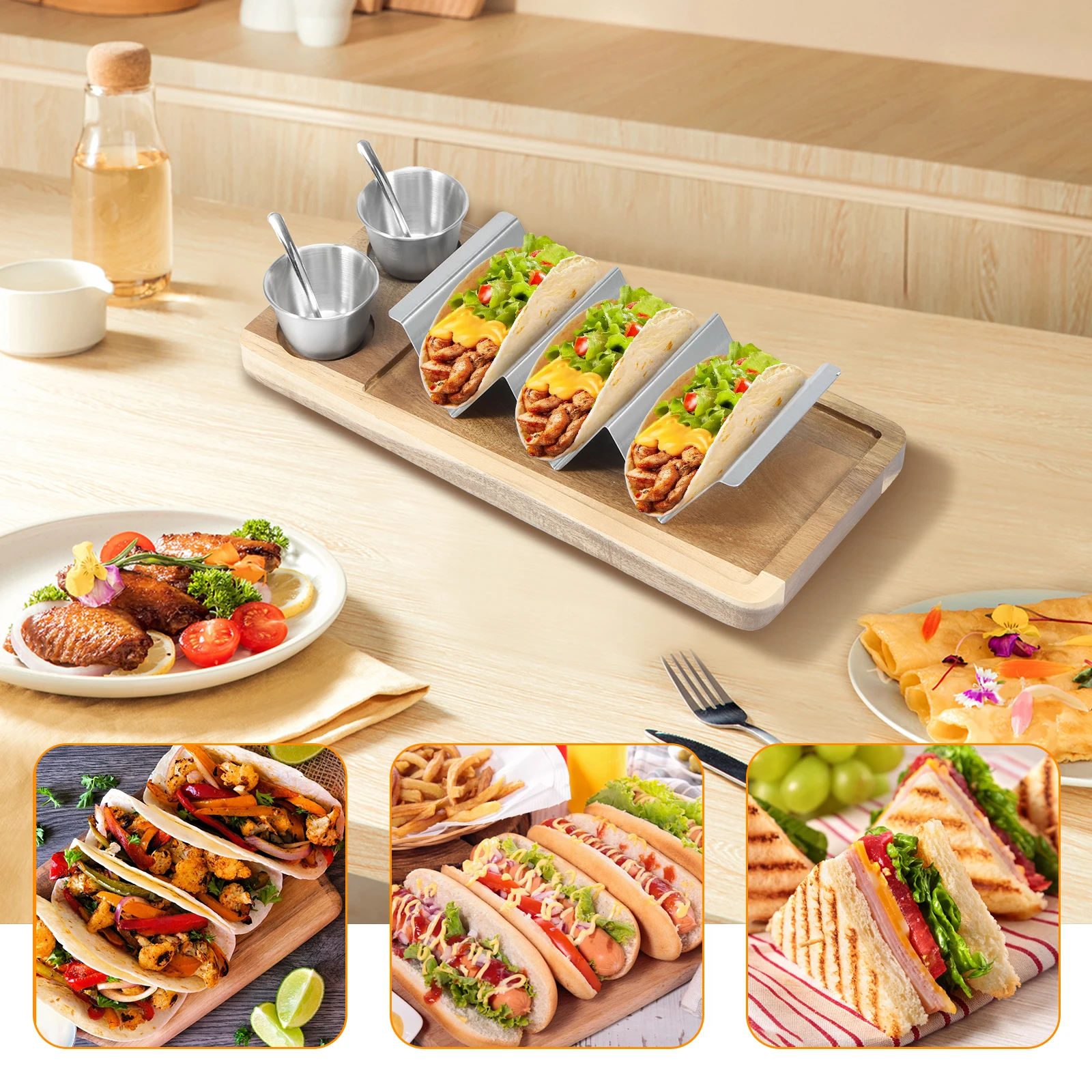 1 Set Taco Holder Kit Stainless Steel Taco Shell Stand Serving Tray Sauce Cup Spoon Rustproof Double Sided Use Taco Presentation