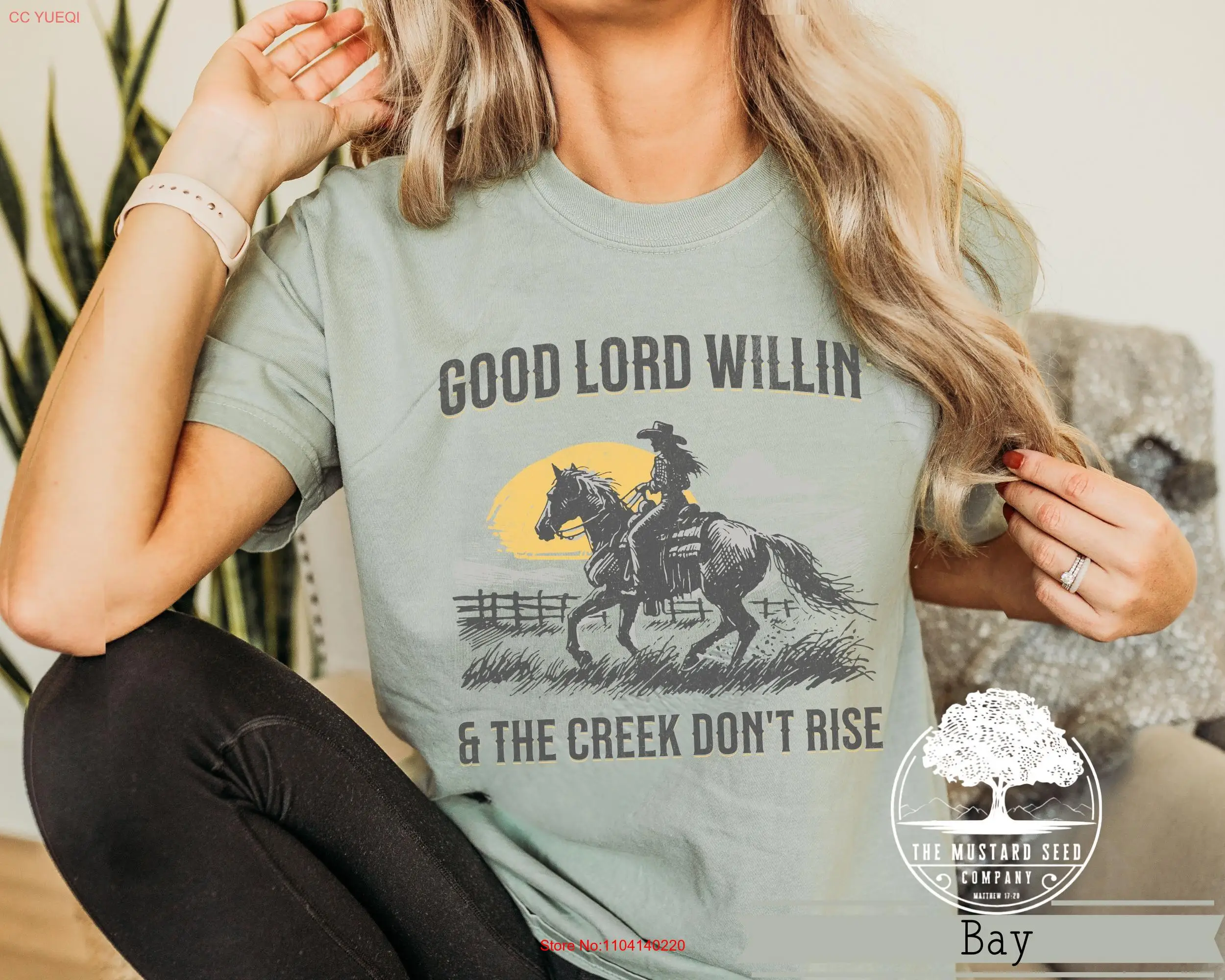 تي شيرت Good Lord Willin And The Creek Don't Rise Western Christian للسيدات من أجل حصان راعية البقر بأكمام طويلة أو قصيرة #1