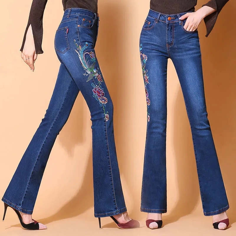 New Spring Autumn Women Embroidered Jeans Fashion Chinese Style Micro Trumpet Denim Pants Loose Female Flared Cowboy Trousers