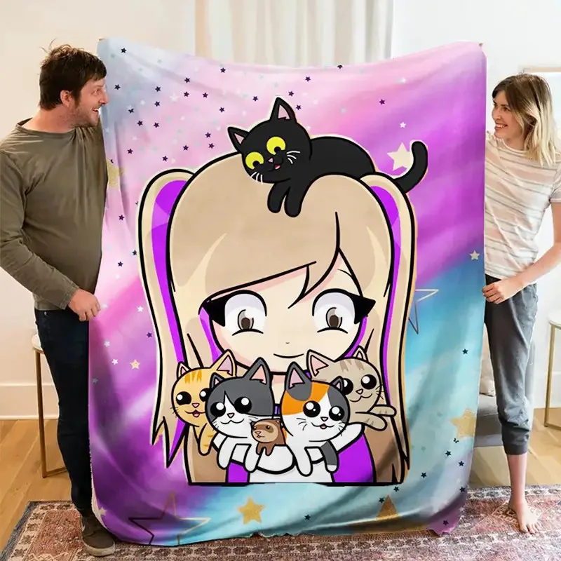 1pc Kawaii Anime Girl with Cats Flannel Throw Blanket, 2D Pastel Star Print, All Season Warm Blanket for Kids Bedroom, Living Ro