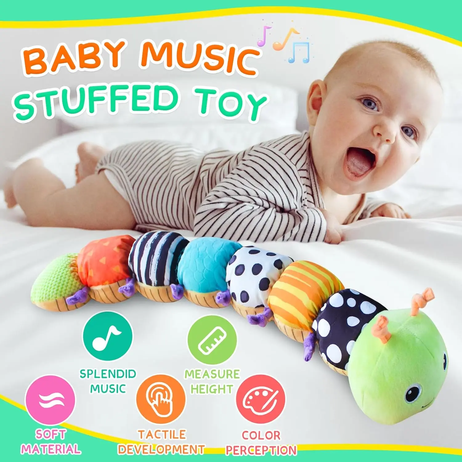 Animal relleno Musical para bebé, juguetes suaves de actividades con oruga, sonajero arrugado multisensorial y texturas, lindos juguetes de oruga