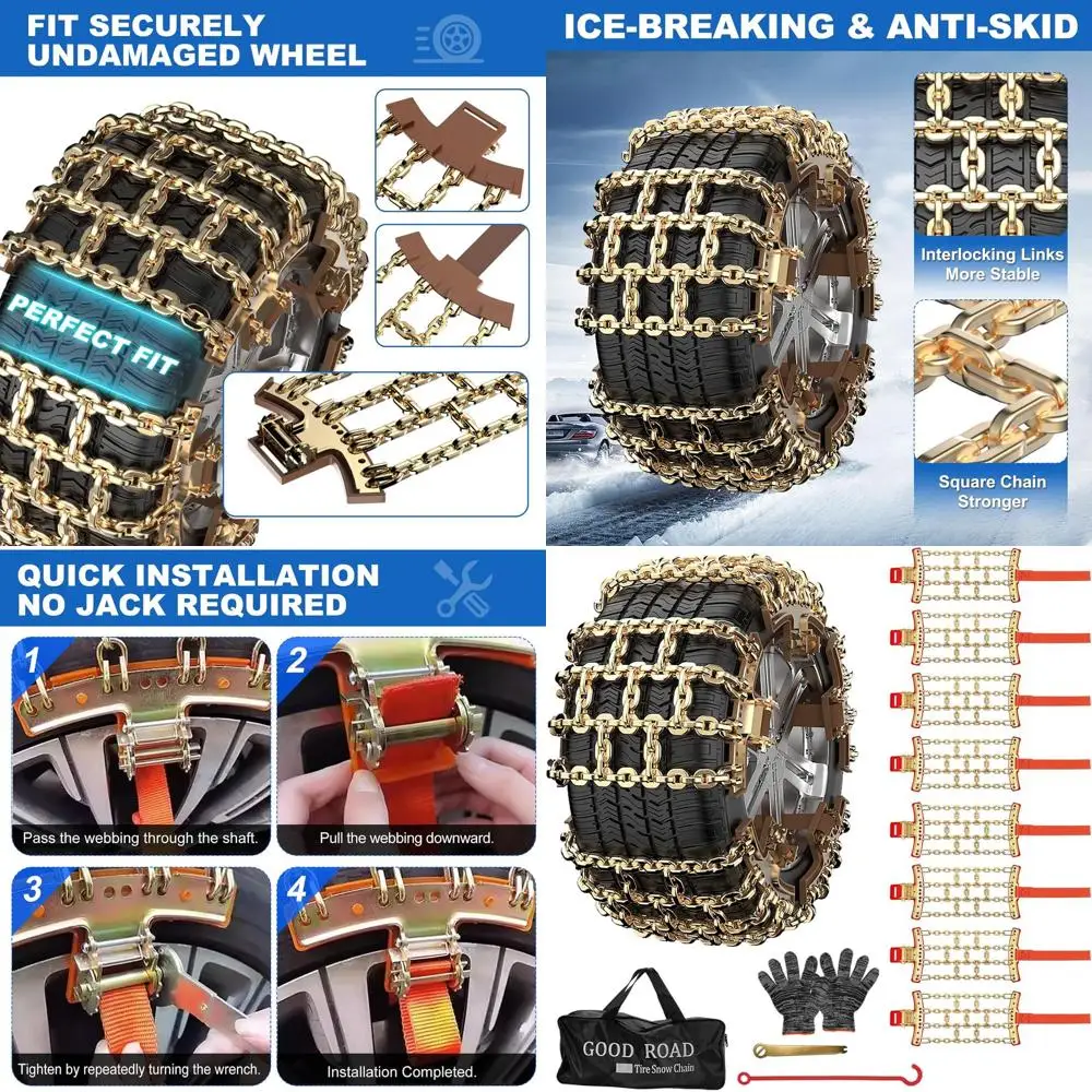 

Комплект из 8 сверхмощных цепей для снежных шин из марганцевой стали для льда, песка и грязи — универсальный, подходит для автомобилей, грузовиков, внедорожников (ширина шины 215-27