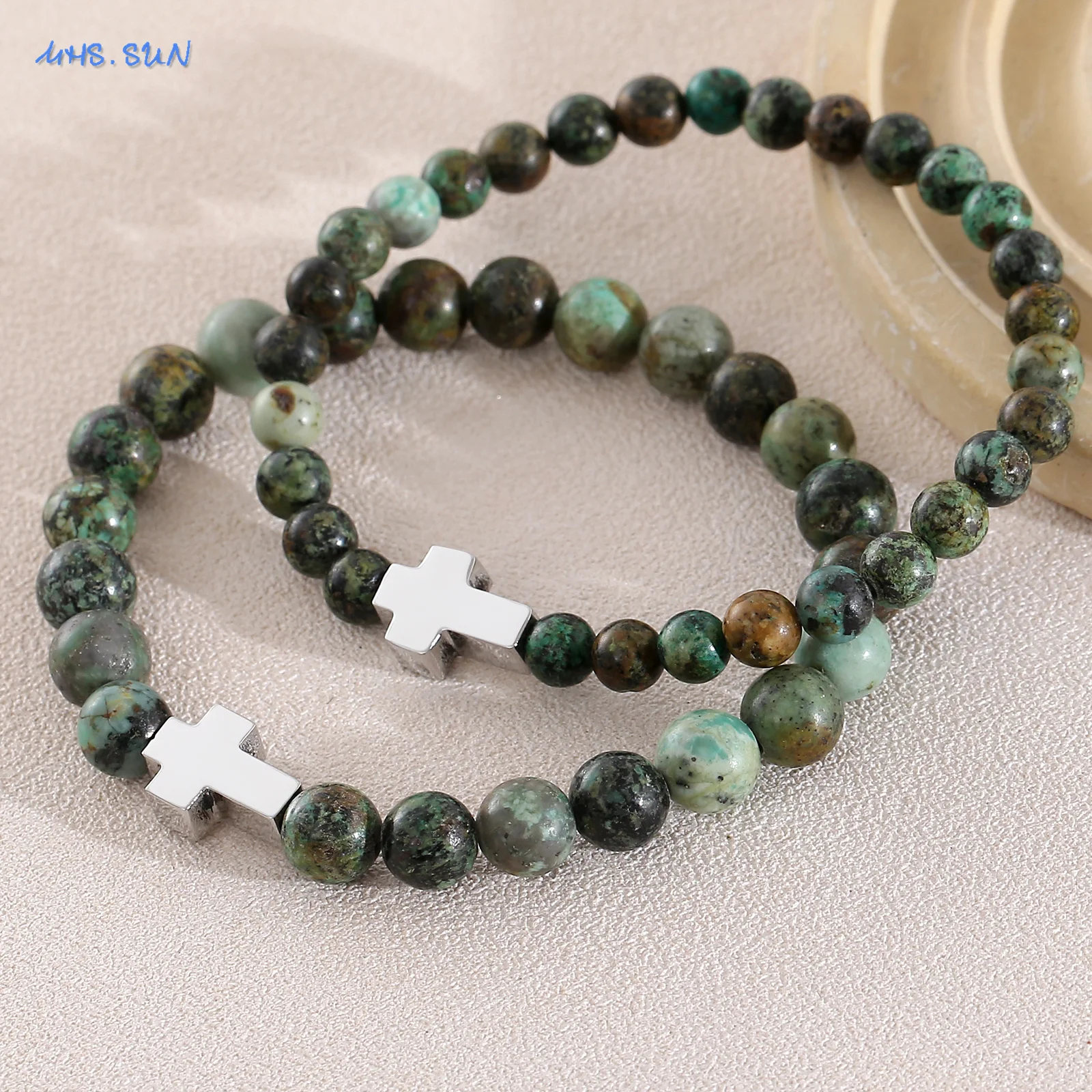 MHS.SUN Fashion Stainless Steel Cross Charm Bracelets Tiger Eye/African Green Pine Stone Beaded Bracelet For Women Men Jewelry