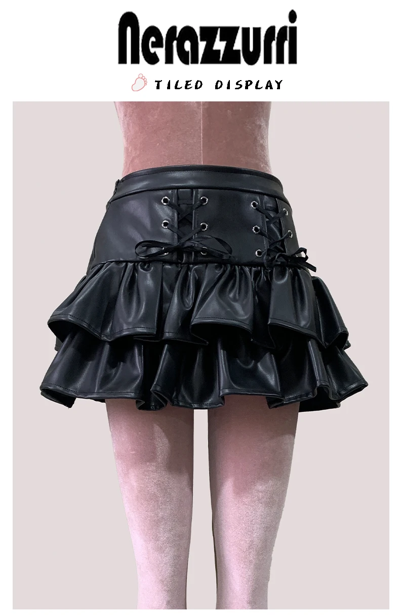 Nerazzurri Summer Autumn Soft Black Pu Leather Mini Tiered Pleated Skirt Women Lace Up Short Luxury Designer Punk Style Clothes