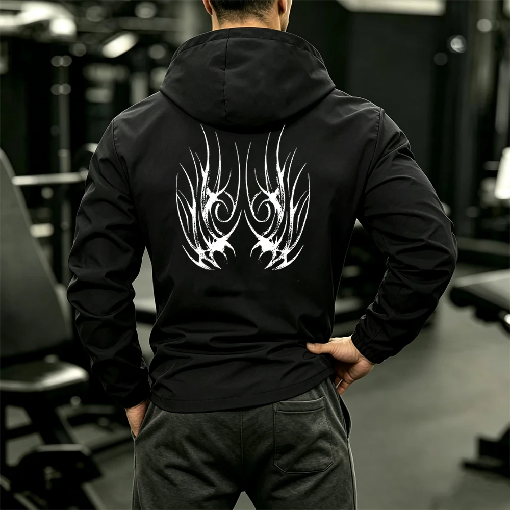 Men Casual Sport Stand Collar Hooded Coat Fire Totem Graphics Print Full Zip & Side Stripes Zipper Pocket Daily Running Jacket