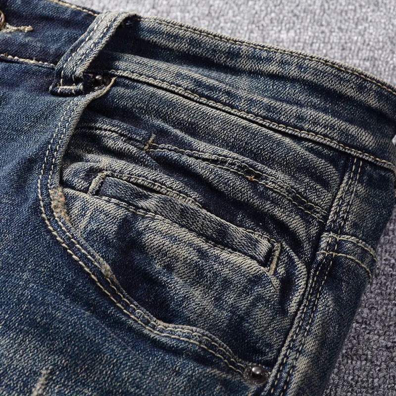 Street Fashion Men Jeans High Quality Retro Black Blue Stretch Slim Fit Ripped Jeans Men Spliced Designer Vintage Denim Pants