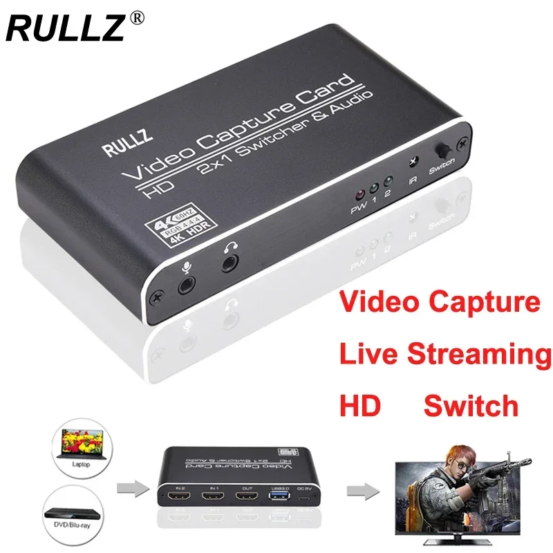 

4K60hz Loop 2x1 HDMI Switcher 1080p60 Audio Video Capture Card USB 3.0 Record Plate for Camera Laptop PC Game Live Streaming