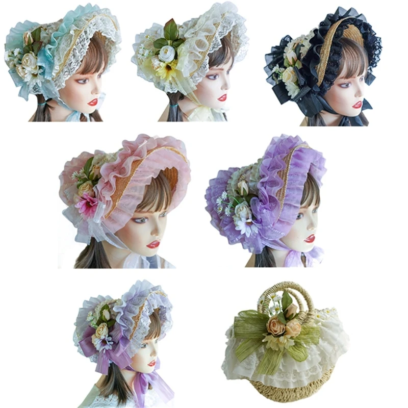 Teas Party SunHat Floral Straw Hat Lolit Straw Hat Victorian Bonnet Lace Fascinators For Women Victorian Headdress