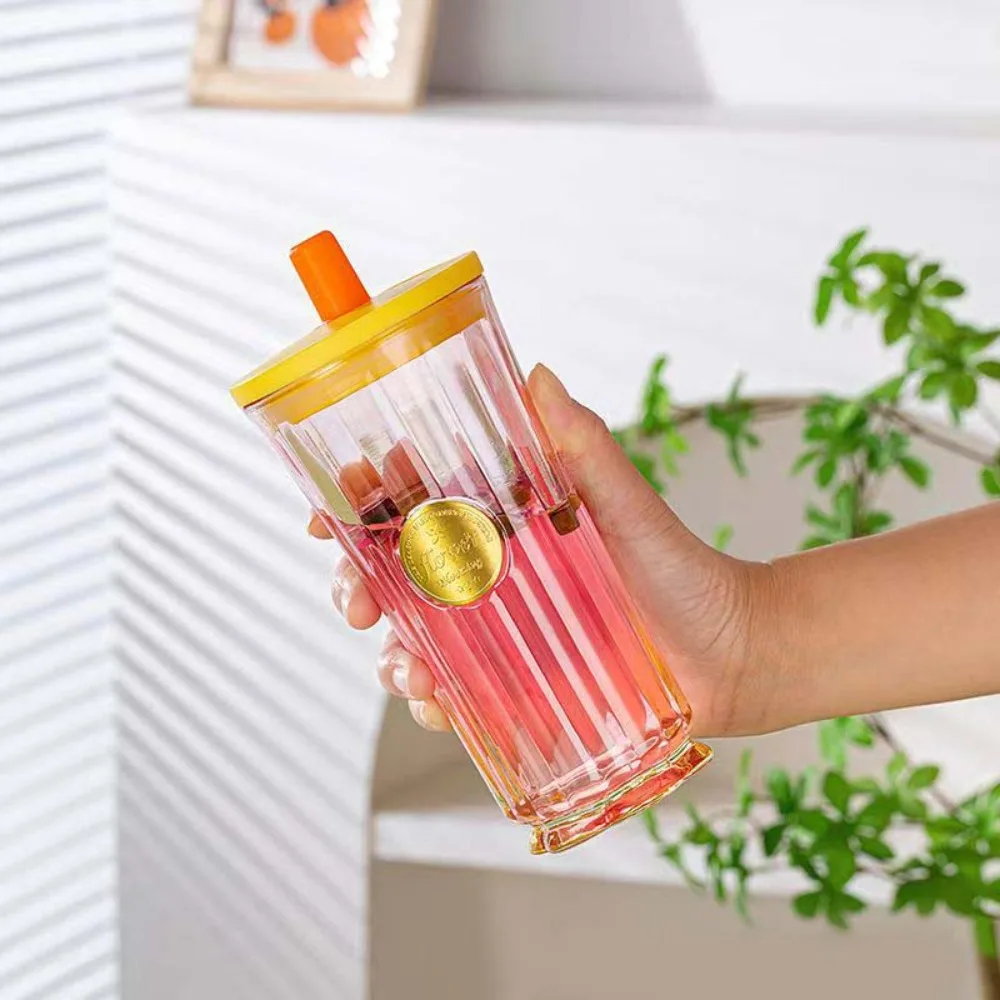 

New 500ml Slender Waist Glass Cup with Lid and Straw Gradient Candy Color Cups Mug Drinkware for Juice Water and Iced Coffee