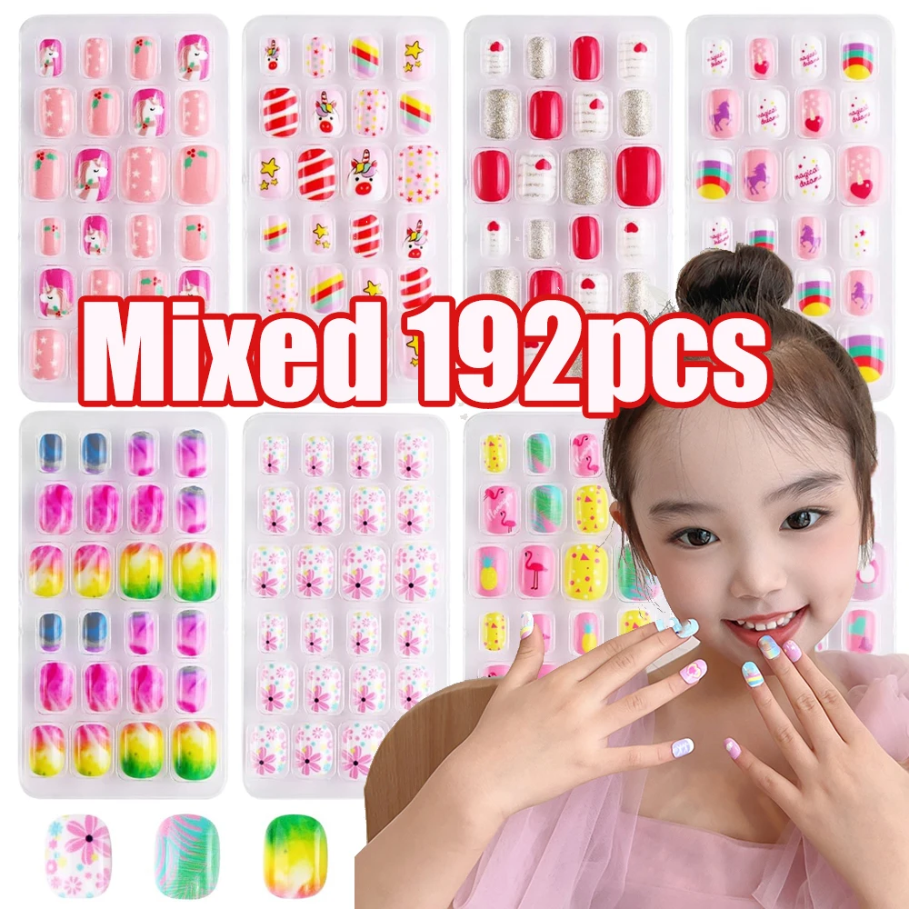 120/192pcs/Set Cartoon Children Press On Nails Kawaii Unicorn/Horse/Rainbow Fake Nails Kawaii Girl With Jelly Short Nail Tips