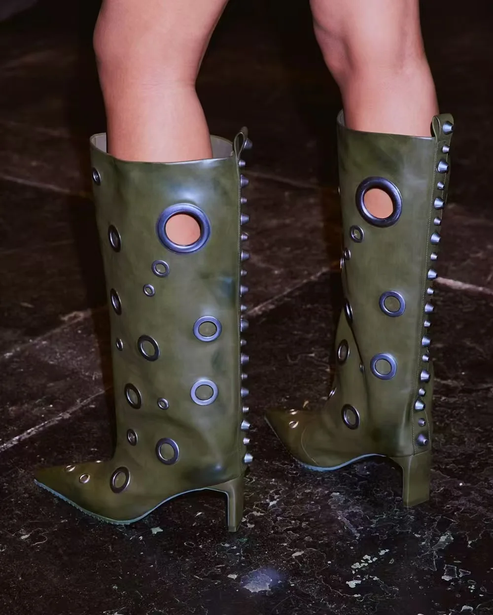 Multi-Color Grommet Embellished Pointed Toe Knee-High Boots Fashion Hollow Stiletto Heel Faux Leather Metal Eyelet Boots