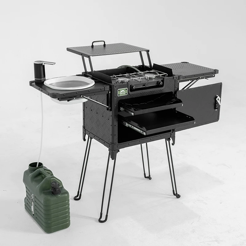 

Outdoor Integrated Kitchen Box V2 Pro Foldable Camping Cooking Station with Stove Basin & Water Pump Cookware Aluminum Black