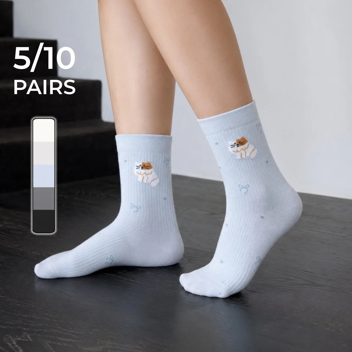 5/10 Pairs of Multi-Colored Women's Mid-Calf Socks, Sweet Blue Cat Design, Knitted Student Slouch Socks, Cute, Casual, Comfortable, Breathable, Moisture-Wicking, Gentle, Suitable for Spring, Summer, and Autumn