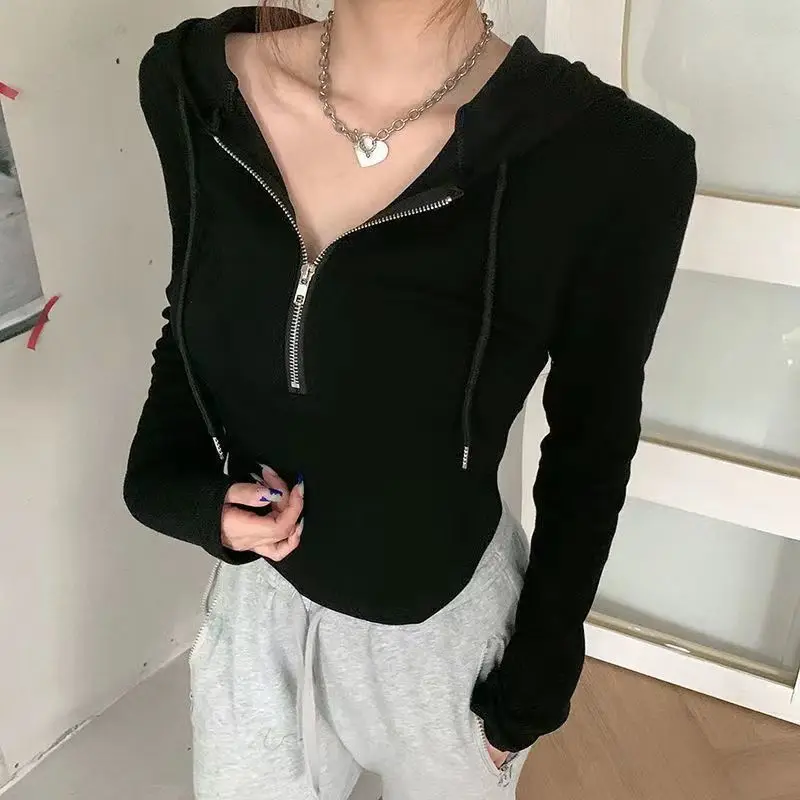 Slim Fit Hoodie Sweatshirt Zipper Design Long Sleeve Conceal Meat Autumn Top Korean Style Polyester Fiber Polyurethane Elasti...