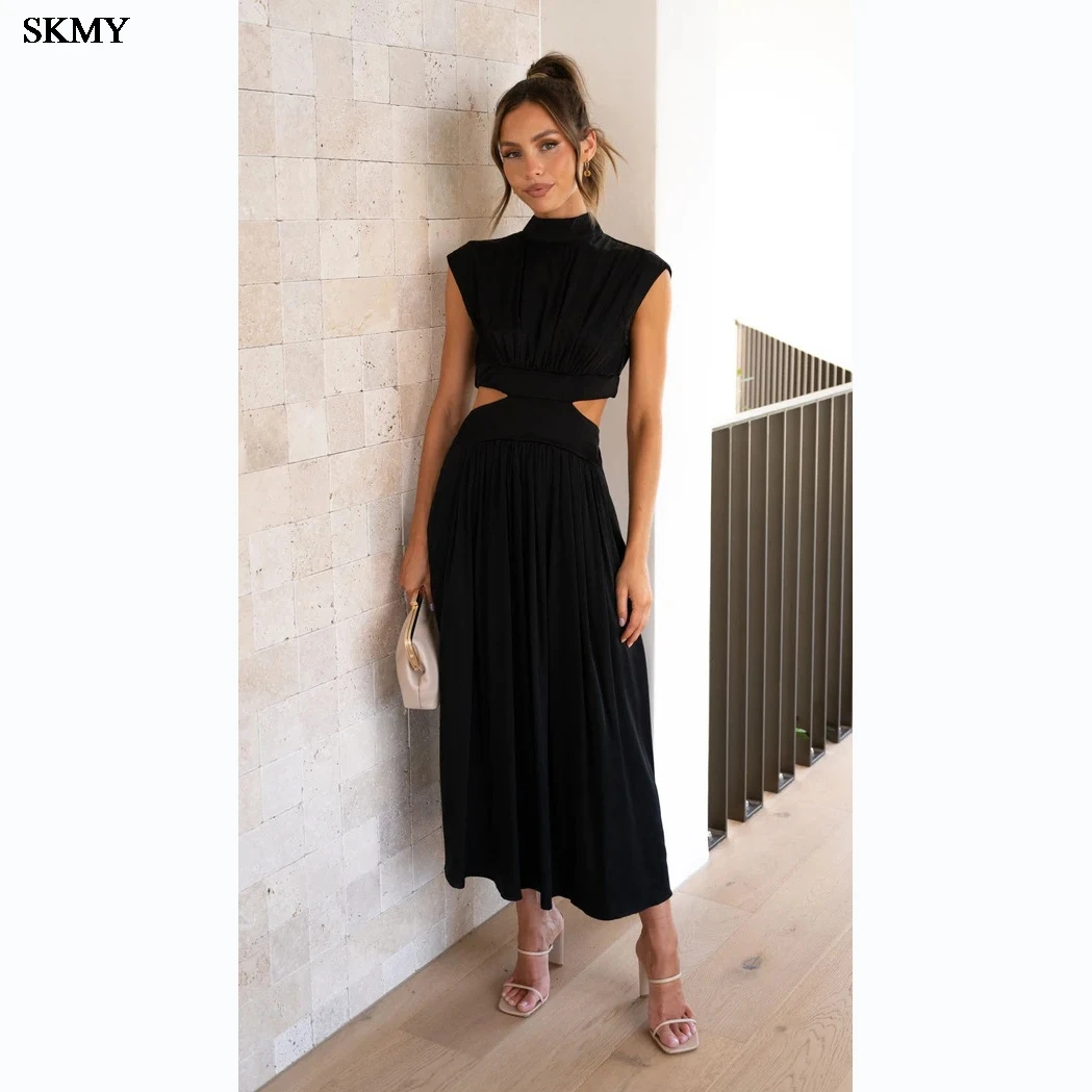 Skmy 2025 verão novo gola cintura recorte sem mangas sólido maxi vestido elegante recorte design fino ajuste versátil outfit