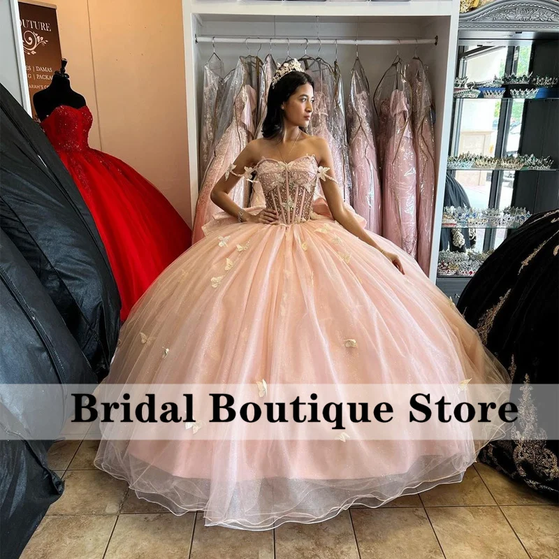 Mexican Lilac Princess Ball Gown Quinceañera Dresses With Bow Appliques Beads Birthday Party For 15th Girls Customized
