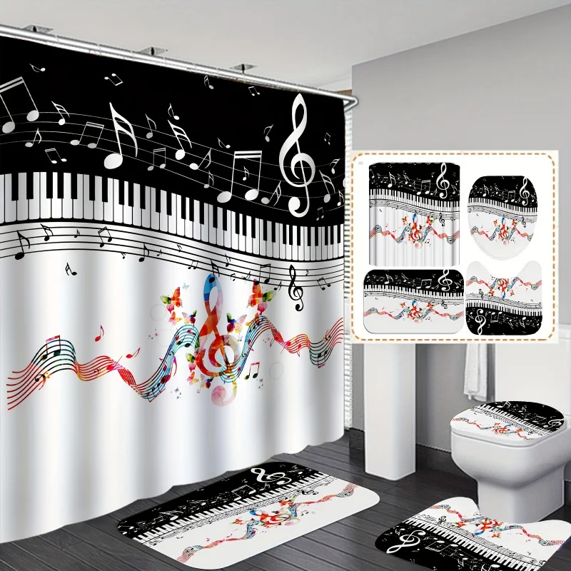 Music Notes Piano Keys Bath Ensemble with Slip- Rug and Toilet Mat Set | Water-Resistant Polyester Bathroom Decor |