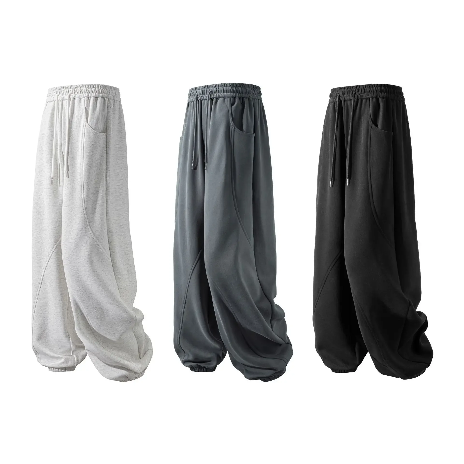 

Men Long Pant Casual Loose Sweatpants Regular Solid Lace Up Elastic Waist Straight Trousers Splice Simple Autumn Winter Pants
