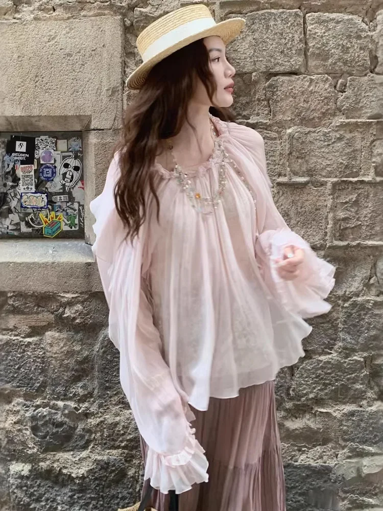 

Floral One Shanghai 26ss New High Versatile Retro Lace Sleeveless Loose Women's Top Polyester Fiber Long Sleeve round Neck