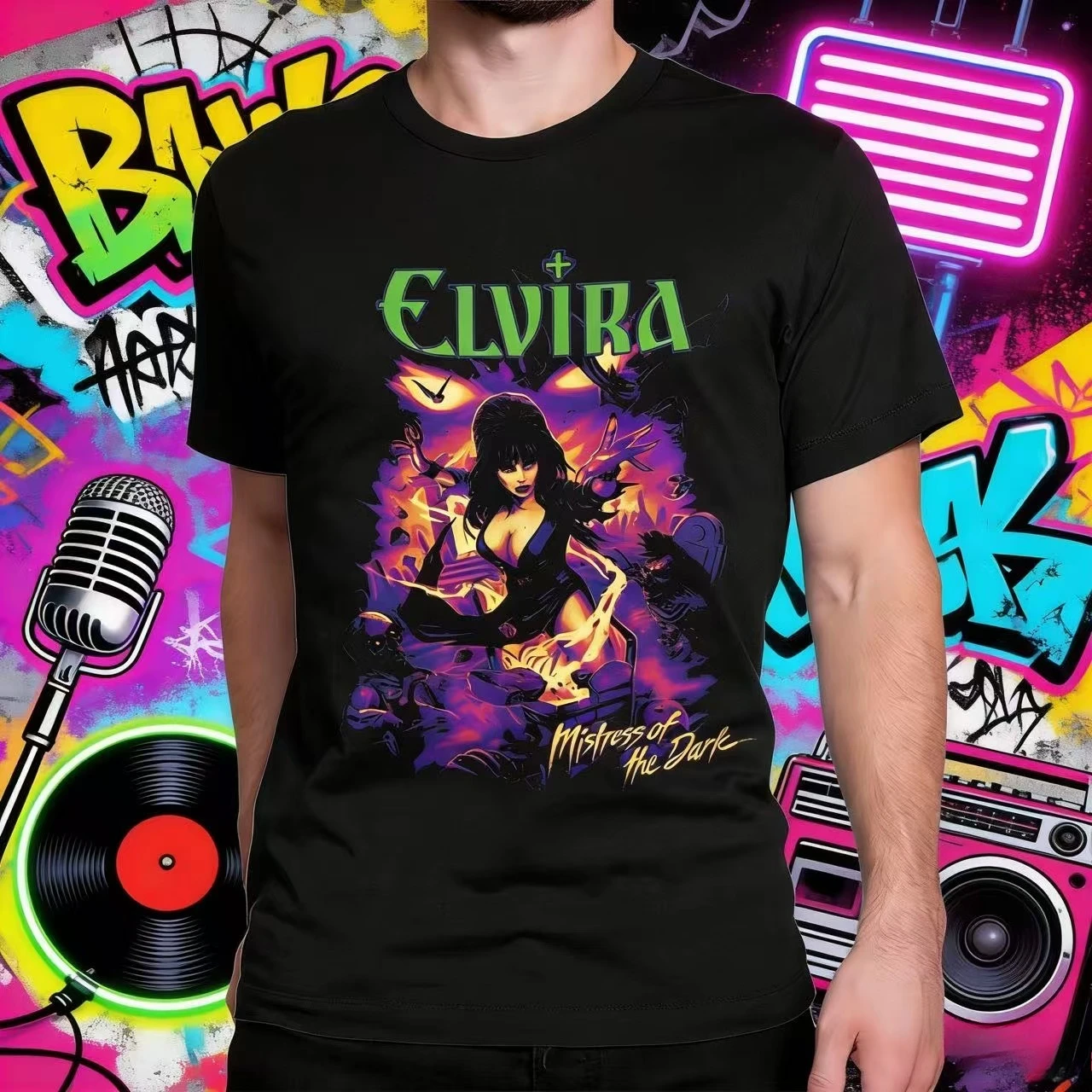 2025-26 الصيف فيلم Elviras الظلام عشيقة تي شيرت الرجال موضة الهيب هوب ريترو القطن قصير الأكمام فضفاضة قميص غير رسمي Y2k