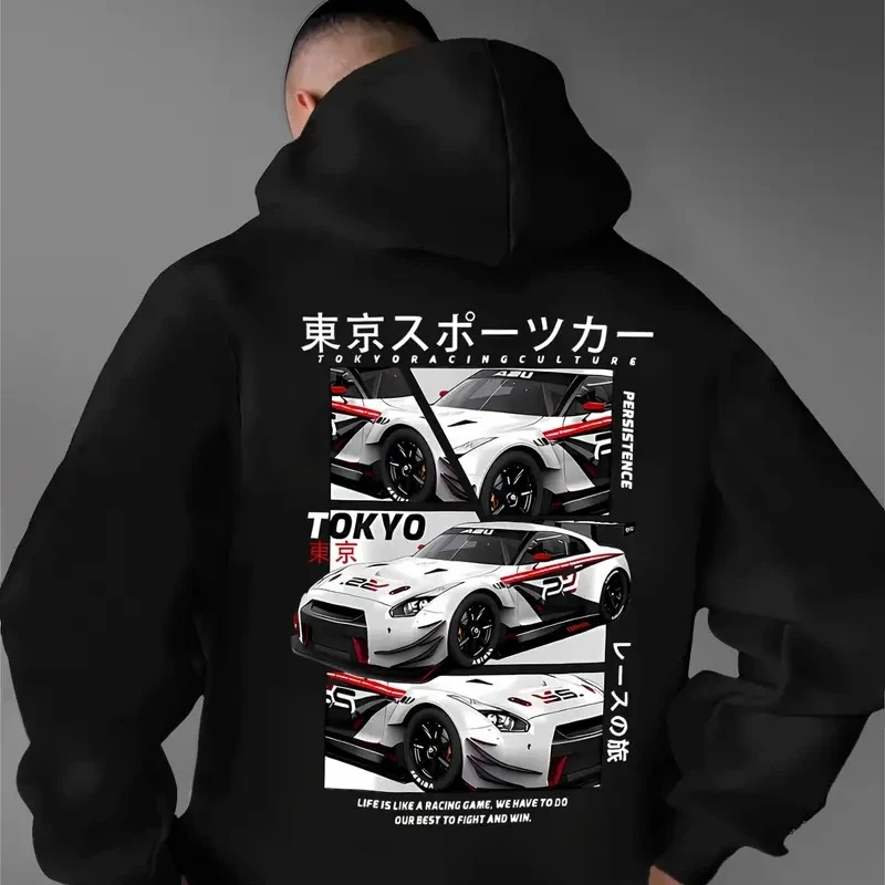 Behind the Elements of the Japanese Tokyo Motor City, There Is a Big Picture Printed Men's Casual Street Style Hoodie, Sweatshir