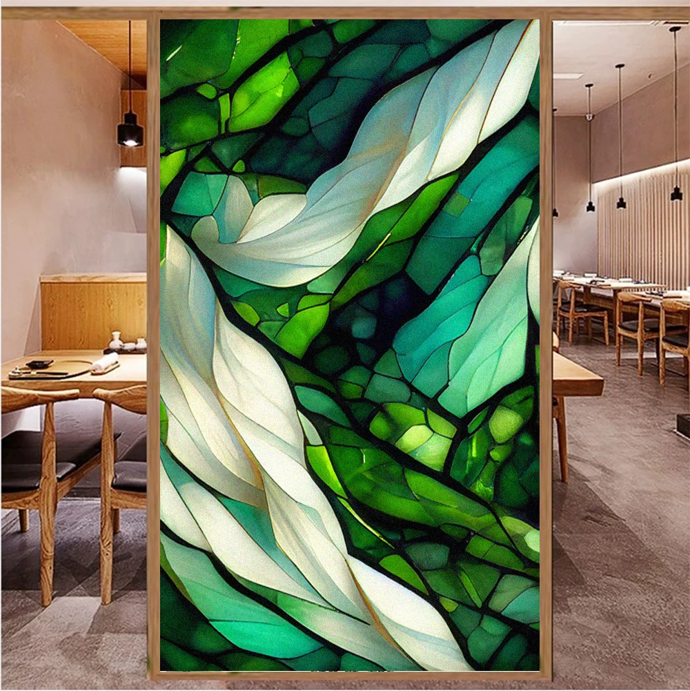 

Green Modern Privacy Window Film Static Clings Stained Glass Non-Adhesive Anti-UV Protection Heat Control Door Stickers for Home