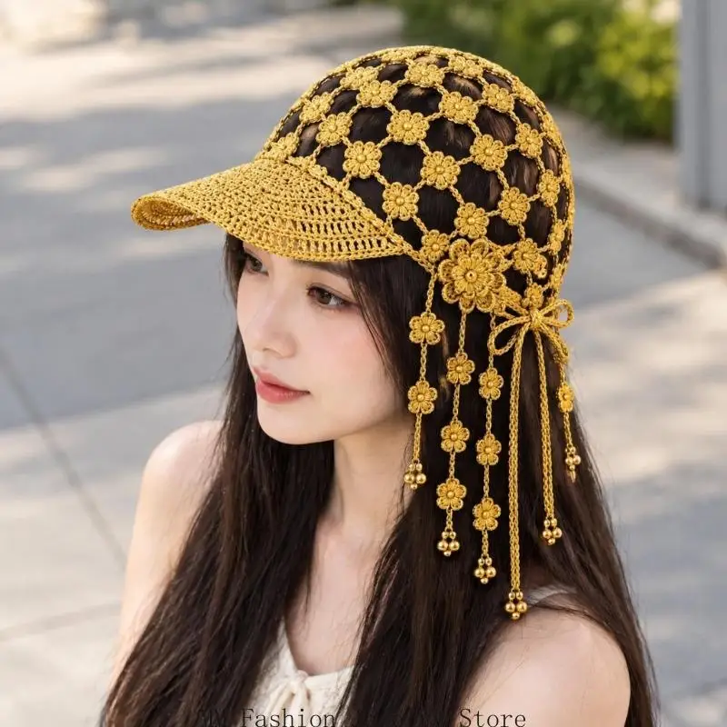 Breathable Crochet Cap with Open Patterning, Adjustable Rear Tie, Shaped Crocheted Bill, and Decorative Strands D0UB