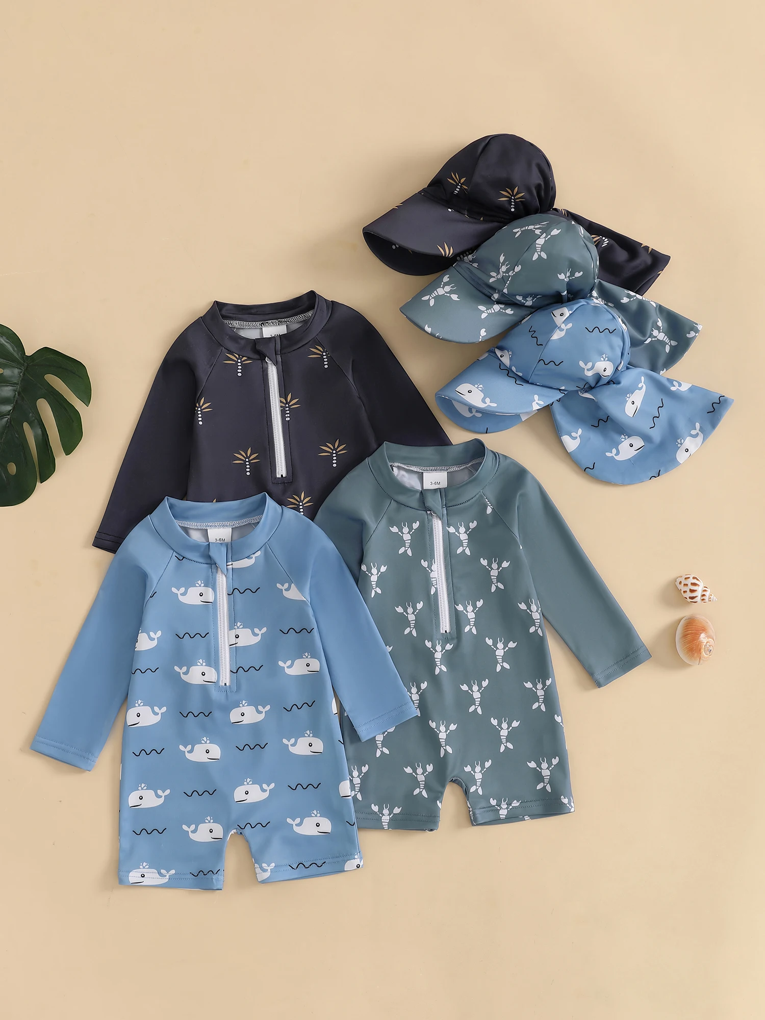 Toddler Boy Rash Guard Swimsuit with Hat 2 Pcs Set Coconut Tree Whale Lobster Zip Up Long Sleeve Crew Neck Baby Boy Swimwears