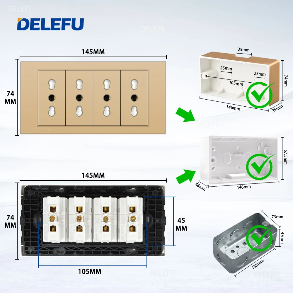 DELEFU Flame Retardant SC31 Panel 145mm Gold Italian Standard USB Type C Fast Charging Wall Socket Switch TV Phone CAT5 CAT6