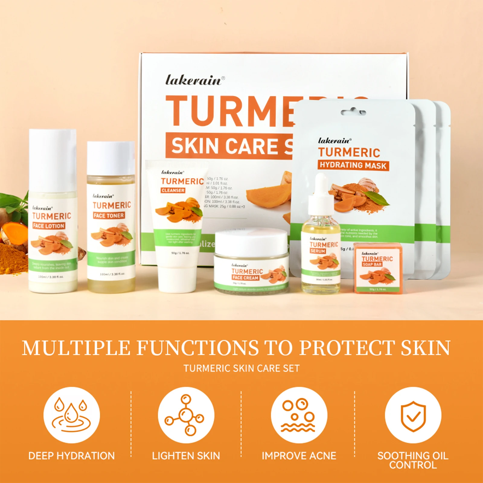 7 unids/set juego de cuidado de la piel de cúrcuma crema limpiadora para reducir el acné crema temporal crema para ojos limpieza Facial Kit de cuidado de la piel regalo para mujer