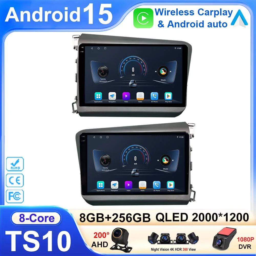 

Android 15 For Honda Civic 9 FB FK FD 2012-2015 Grey Car Radio Multimedia Navigation Wireless Carplay 2K QLED Screen Stereo