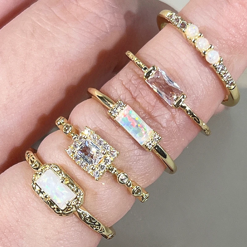 Huitan Slim Gold Color Ring for Women Stackable Inlaid Shiny Cubic Zirconia Party Versatile Created Opal Daily Elegant Jewelry